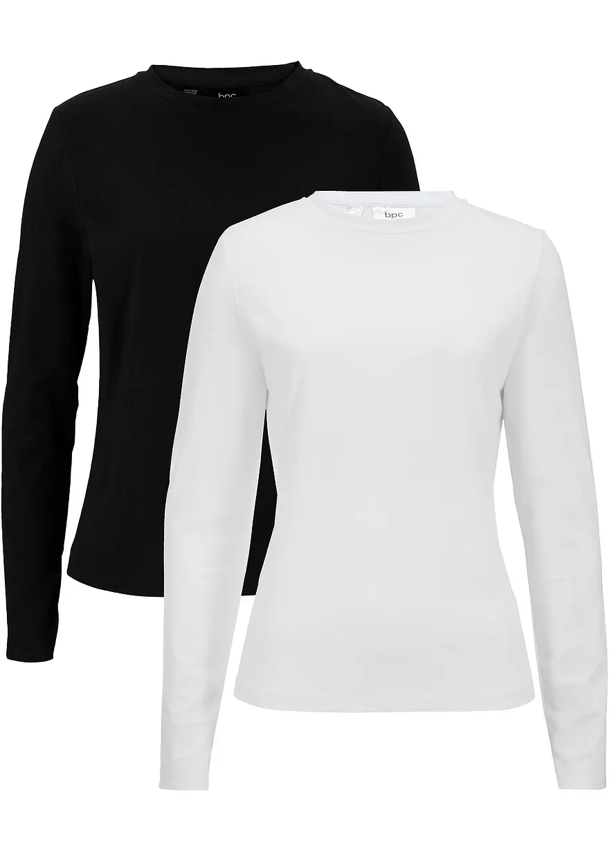 bonprix Enganliegendes Langarmshirt mit Rundhalsausschnitt - weiß+schwarz