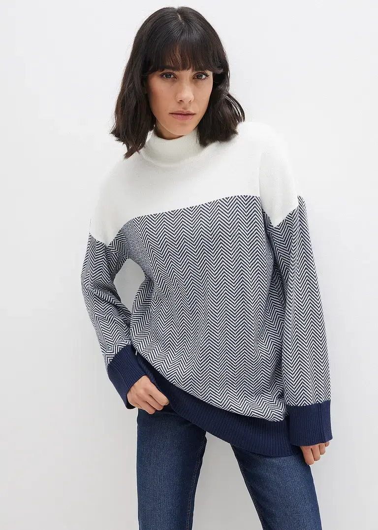 Bonprix Farblich Abgesetzter Strick-Pullover - Weiß - Damen