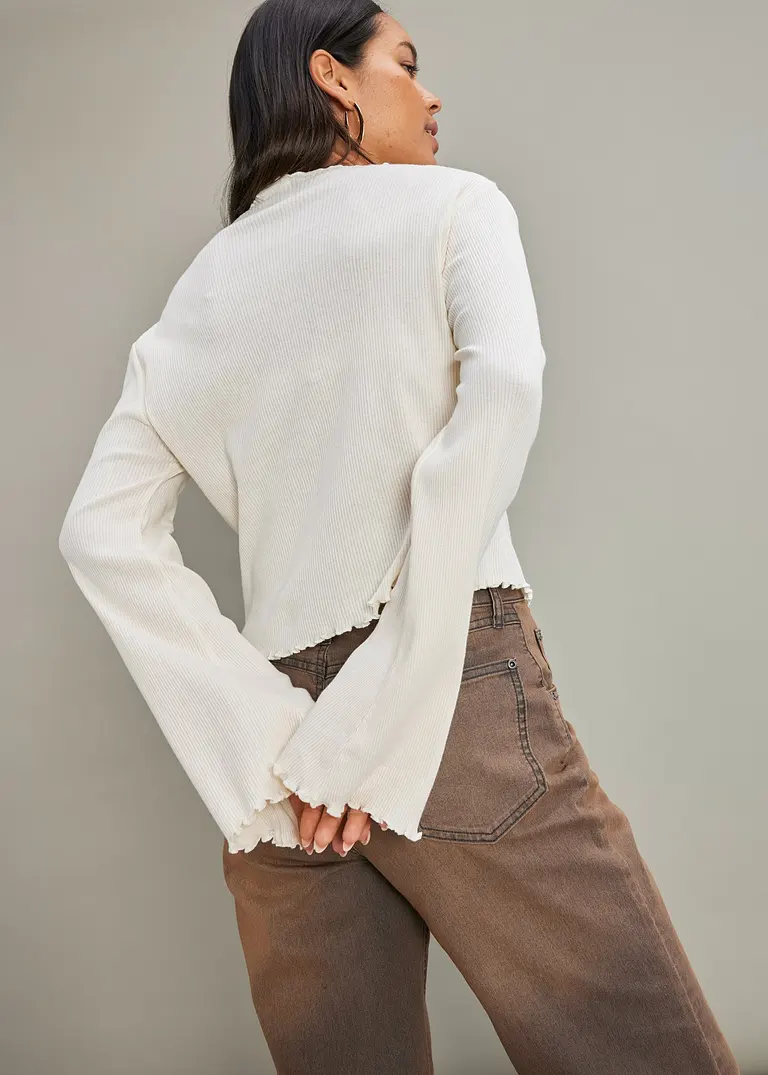 Bonprix Feines Rippshirt Aus Reiner Baumwolle Mit Trompetenärmeln - Beige