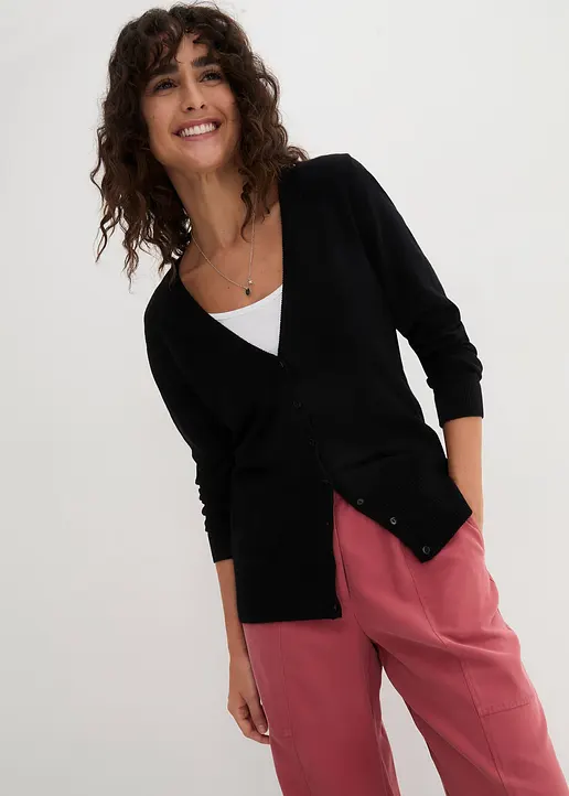 Bonprix Feinstrickjacke Mit Baumwolle - Schwarz - Damen