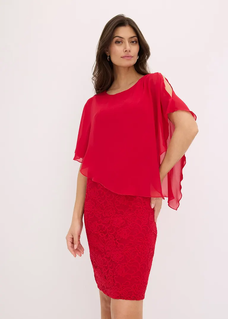 Bonprix Feminin Kaschierend: Spitzenkleid In Mini-Länge Mit Bezauberndem Blumenmuster Mit Überwurf Aus Feinem Chiffon