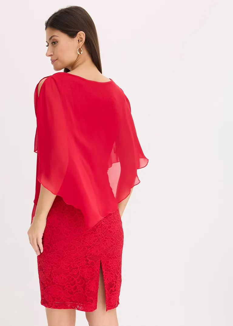 Bonprix Feminin Kaschierend: Spitzenkleid In Mini-Länge Mit Bezauberndem Blumenmuster Mit Überwurf Aus Feinem Chiffon