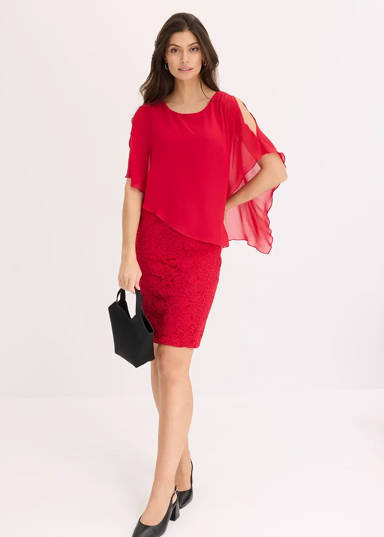 Bonprix Feminin Kaschierend: Spitzenkleid In Mini-Länge Mit Bezauberndem Blumenmuster Mit Überwurf Aus Feinem Chiffon