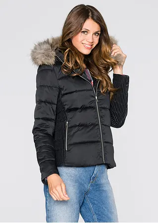 Bonprix Feminine Steppjacke Mit Fellimitat-Kapuze Und Raffungen - Schwarz