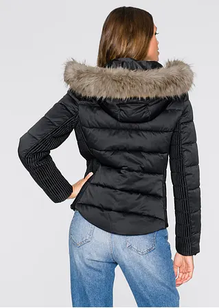 Bonprix Feminine Steppjacke Mit Fellimitat-Kapuze Und Raffungen - Schwarz