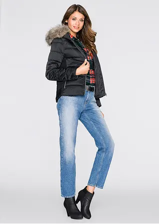 Bonprix Feminine Steppjacke Mit Fellimitat-Kapuze Und Raffungen - Schwarz