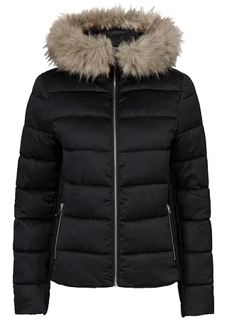 bonprix Feminine Steppjacke mit Fellimitat-Kapuze und Raffungen - schwarz