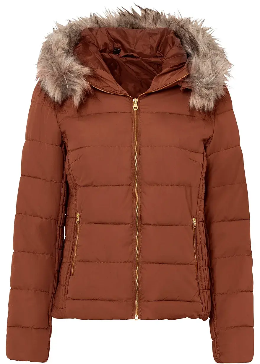 bonprix Feminine Steppjacke mit Fellimitat-Kapuze und Raffungen - braun
