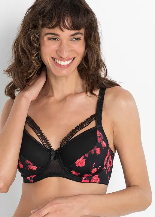 Bonprix Femininer BH Mit Floralem Druck - Schwarz Cup F