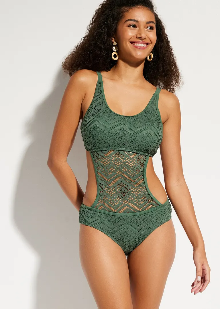 Bonprix Femininer Monokini Mit Transparenter Spitze - Grün