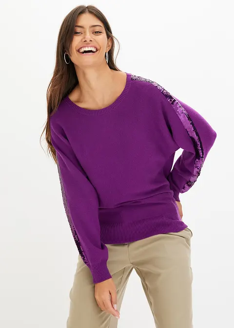 Bonprix Femininer Pullover Mit Pailletten Am Ärmel - Lila