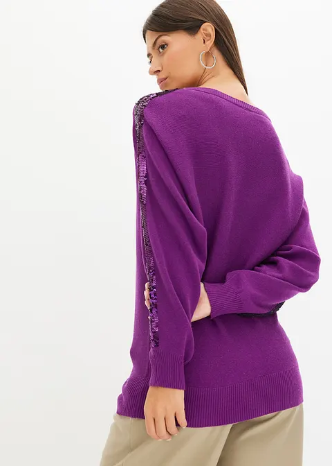 Bonprix Femininer Pullover Mit Pailletten Am Ärmel - Lila