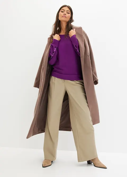 Bonprix Femininer Pullover Mit Pailletten Am Ärmel - Lila