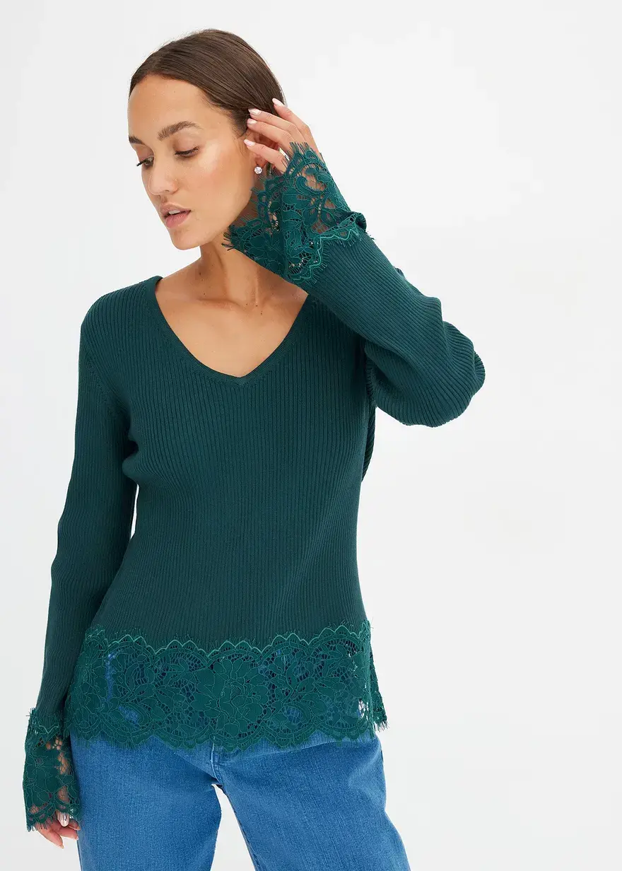 Bonprix Femininer Pullover Mit Spitze Am Saum - Grün - Damen