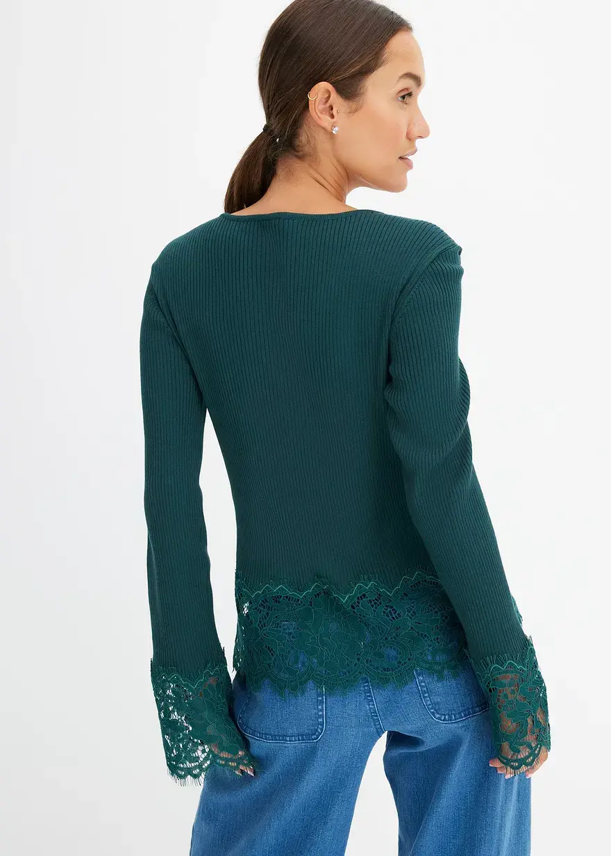 Bonprix Femininer Pullover Mit Spitze Am Saum - Grün - Damen
