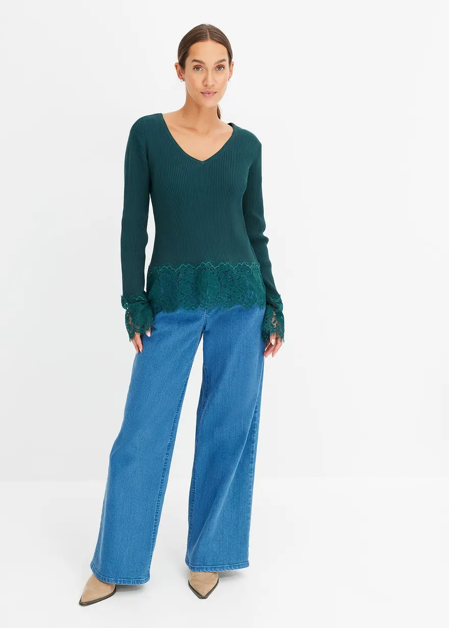 Bonprix Femininer Pullover Mit Spitze Am Saum - Grün - Damen