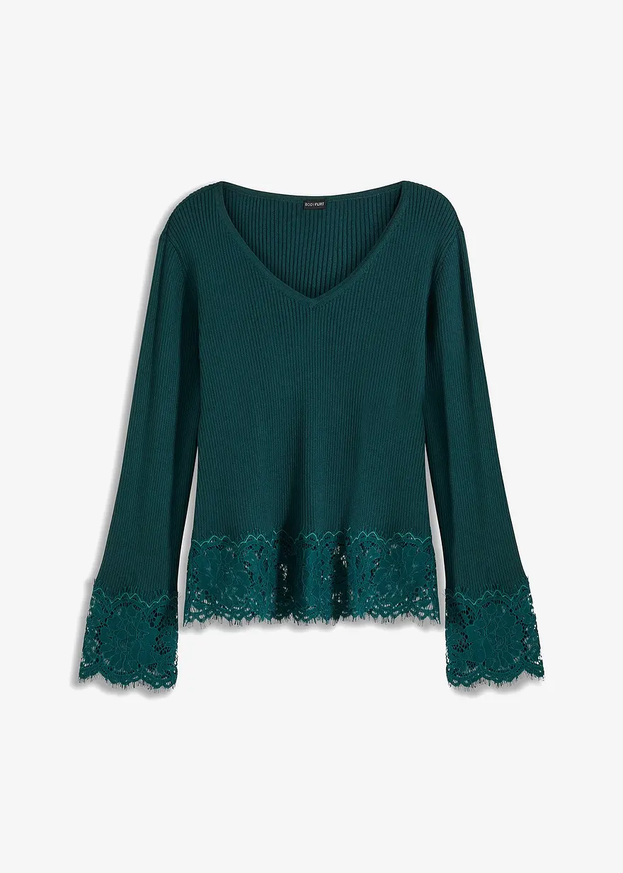 bonprix femininer Pullover mit Spitze am Saum - grün - Damen
