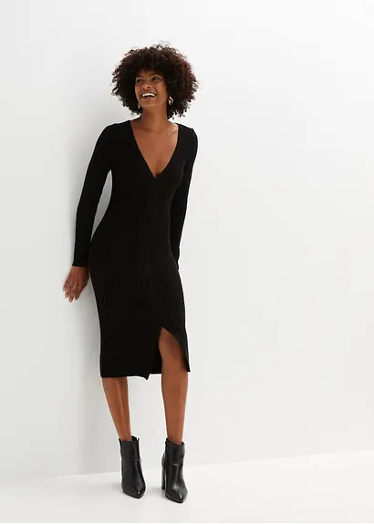 Bonprix Feminines Figurbetontes Strickkleid Mit Schlitz - Schwarz - Damen