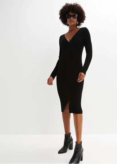 Bonprix Feminines Figurbetontes Strickkleid Mit Schlitz - Schwarz - Damen