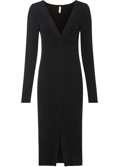 bonprix Feminines figurbetontes Strickkleid mit Schlitz - schwarz - Damen