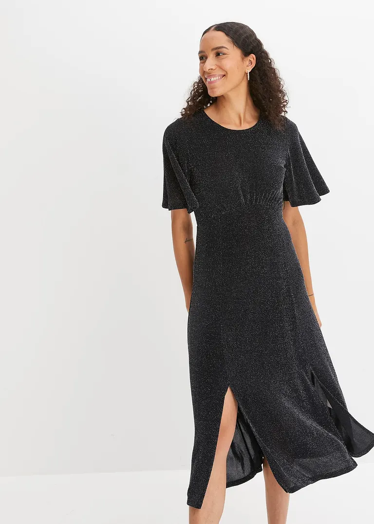 Bonprix Feminines Glitzer Shirtkleid Mit Flügelärmel - Schwarz