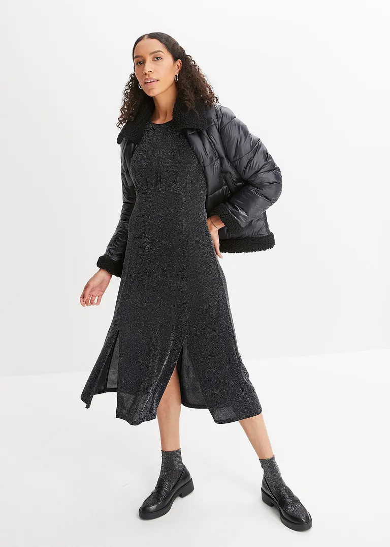 Bonprix Feminines Glitzer Shirtkleid Mit Flügelärmel - Schwarz