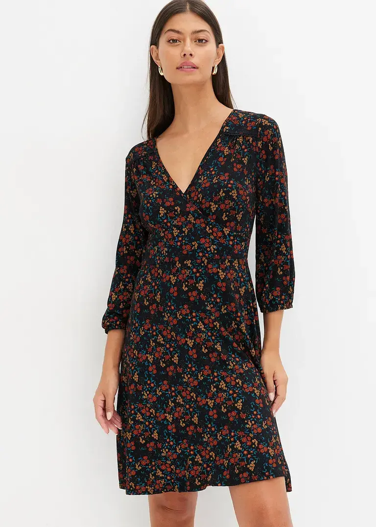 Bonprix Feminines Kleid Mit Blumendruck - Schwarz - Damen