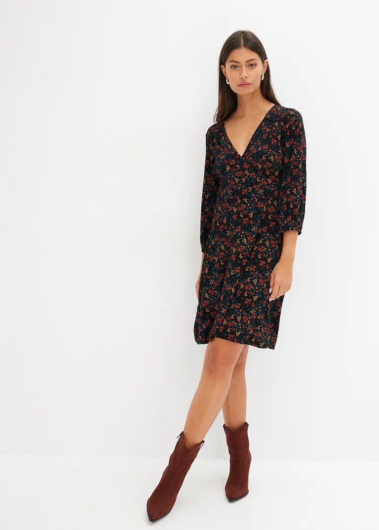 Bonprix Feminines Kleid Mit Blumendruck - Schwarz - Damen