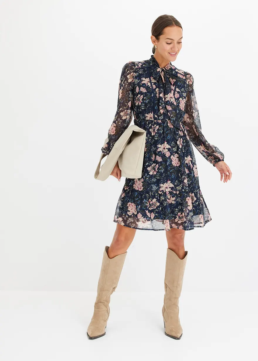 Bonprix Feminines Kleid Mit Schluppenkragen - Blau - Damen