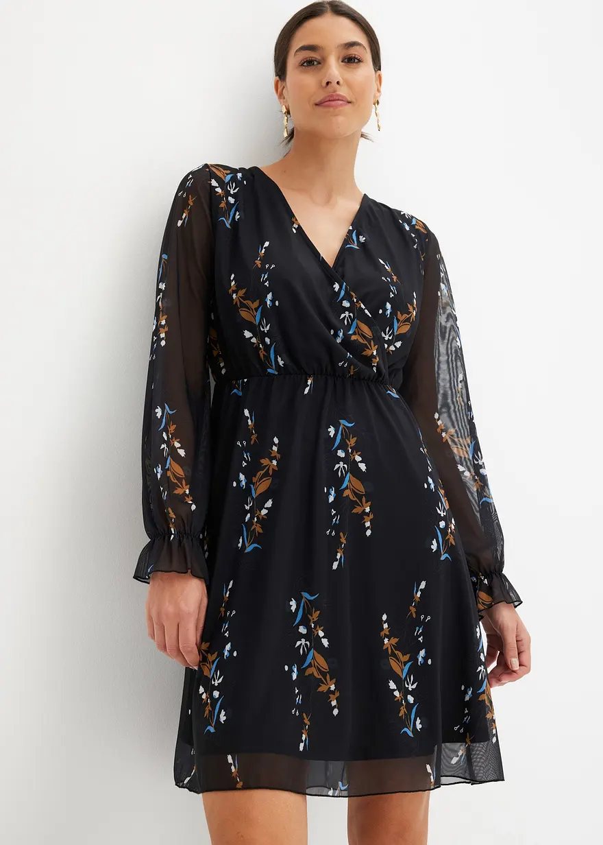 Bonprix Feminines Mesh-Kleid Mit Floralem Print - Schwarz