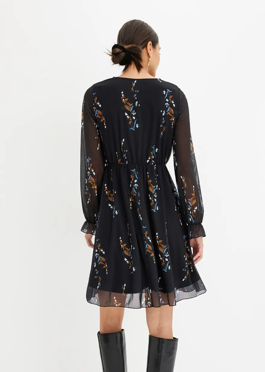Bonprix Feminines Mesh-Kleid Mit Floralem Print - Schwarz