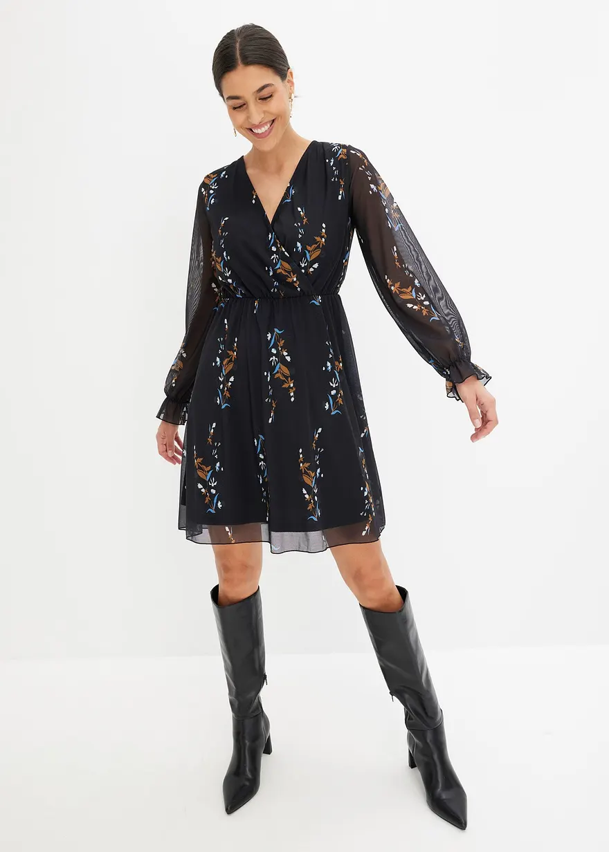 Bonprix Feminines Mesh-Kleid Mit Floralem Print - Schwarz