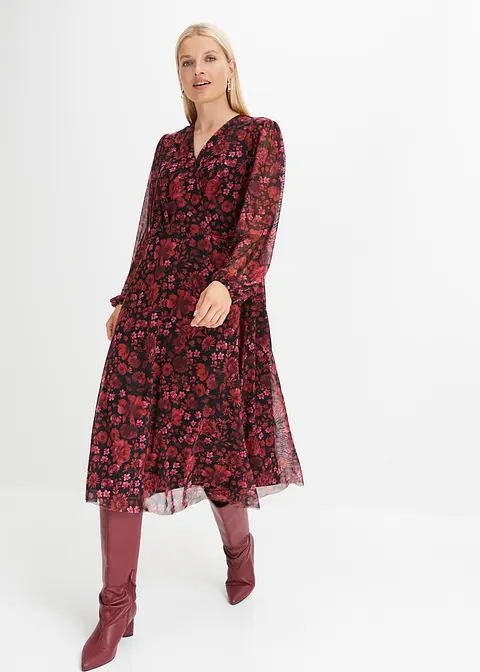 Bonprix Feminines Mesh-Midikleid Mit Floralem Print - Rot