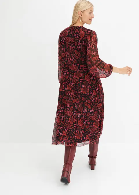 Bonprix Feminines Mesh-Midikleid Mit Floralem Print - Rot