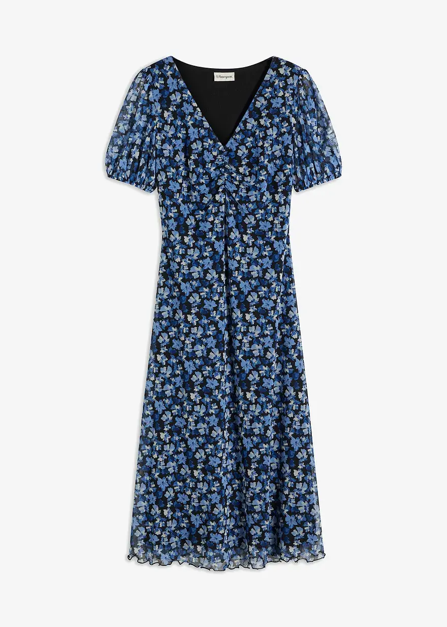bonprix feminines Mesh-Midikleid mit Raffung vorne. - blau petite