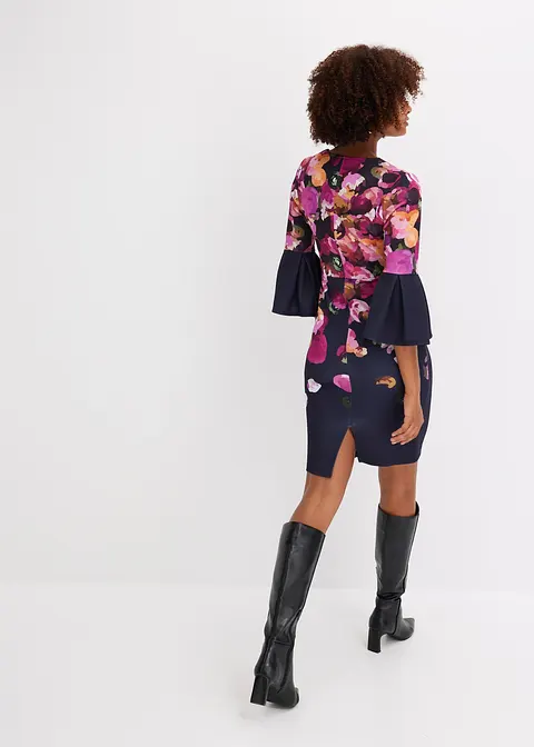 Bonprix Feminines Midikleid Aus Fester-Scuba-Qualität Mit Volant-Ärmel Und Platziertem Druck