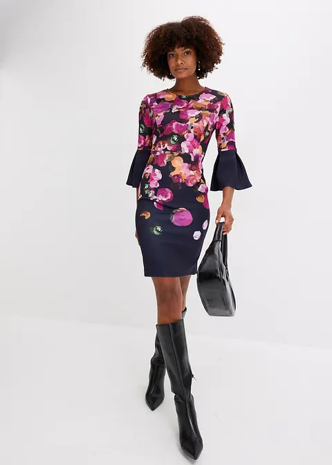 Bonprix Feminines Midikleid Aus Fester-Scuba-Qualität Mit Volant-Ärmel Und Platziertem Druck