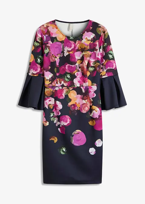 bonprix Feminines Midikleid aus fester-Scuba-Qualität mit Volant-Ärmel und platziertem Druck