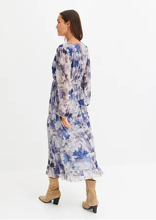 Bonprix Feminines Midikleid Aus Mesh-Material Mit Floralem Print - Blau
