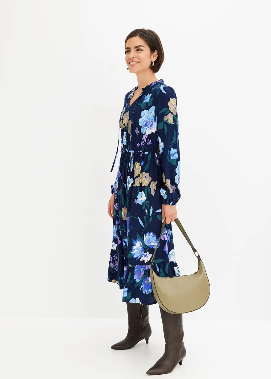 Bonprix Feminines Midikleid In Tunika-Optik Mit Volants - Blau Regular