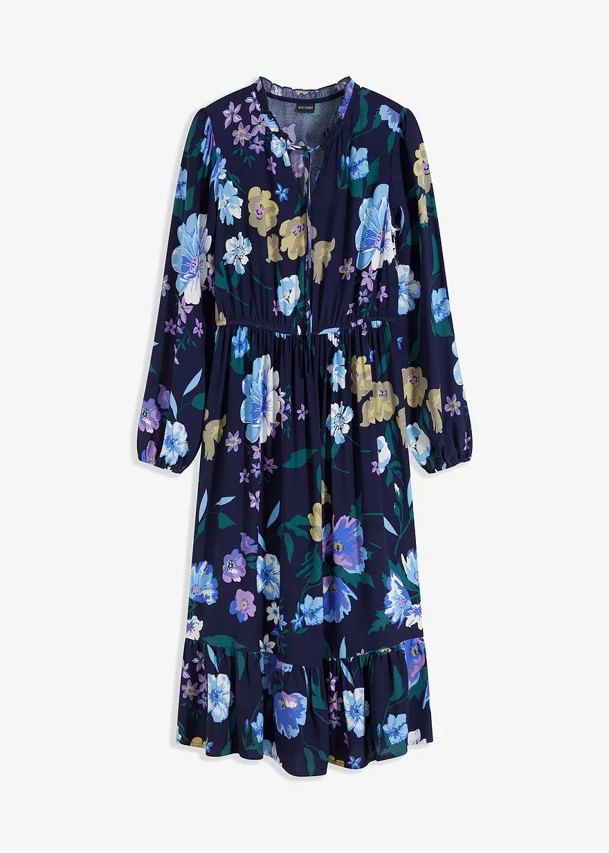 bonprix Feminines Midikleid in Tunika-Optik mit Volants - blau regular