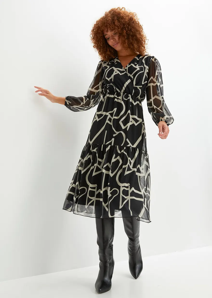 Bonprix Feminines Midikleid Mit Modischem Print - Schwarz