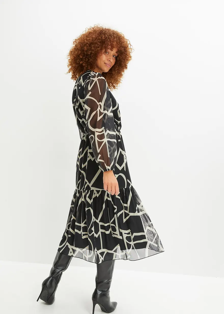 Bonprix Feminines Midikleid Mit Modischem Print - Schwarz