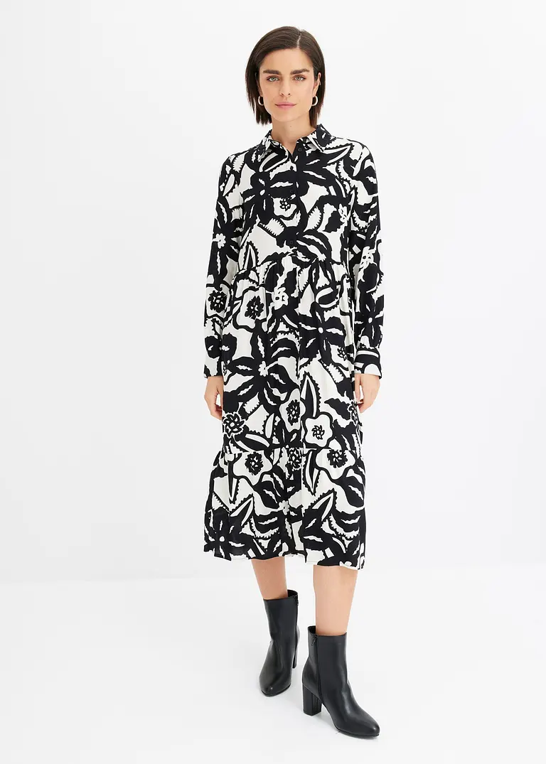Bonprix Feminines Midikleid Mit Modischem Print - Schwarz Regular