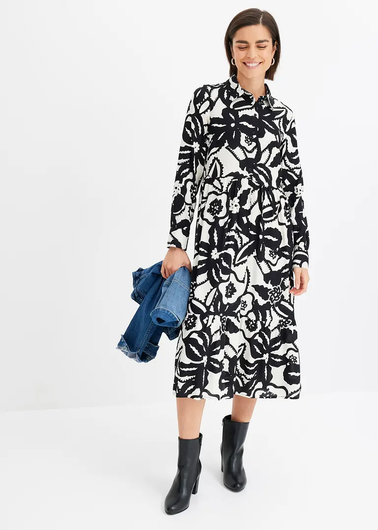 Bonprix Feminines Midikleid Mit Modischem Print - Schwarz Regular