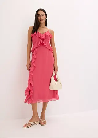 Bonprix Feminines Midikleid Mit Spaghetti-Trägern Und Volants - Pink