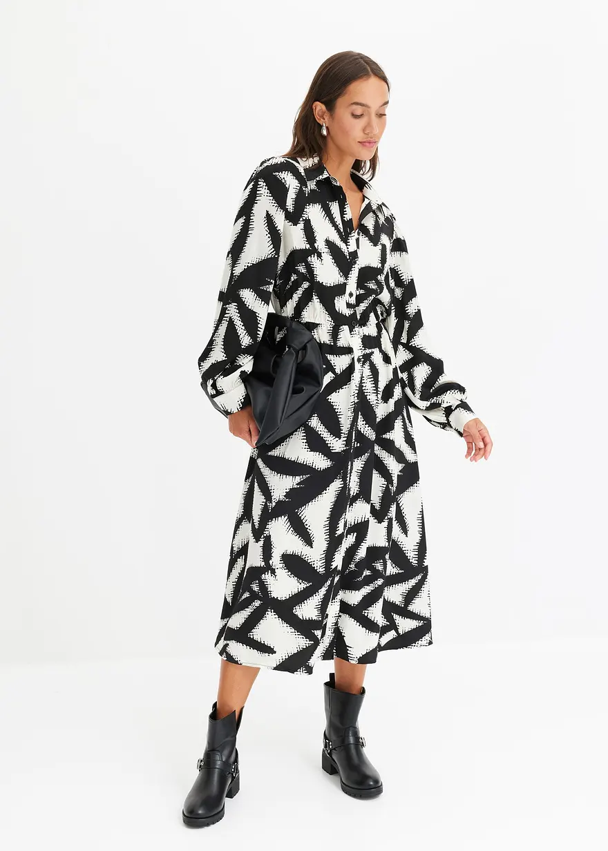 Bonprix Feminines Satin-Midikleid Mit Graphischem Print Und Knopfleiste Vorne