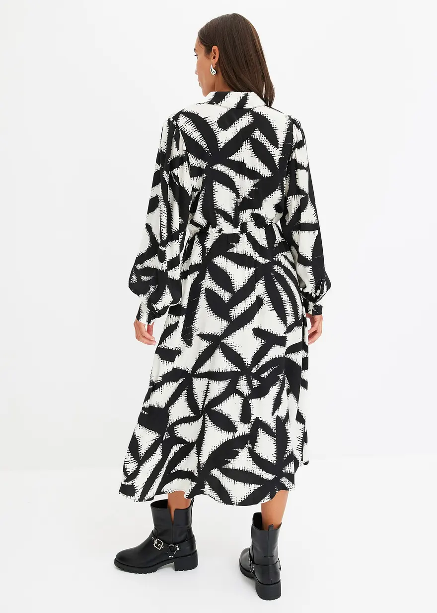 Bonprix Feminines Satin-Midikleid Mit Graphischem Print Und Knopfleiste Vorne