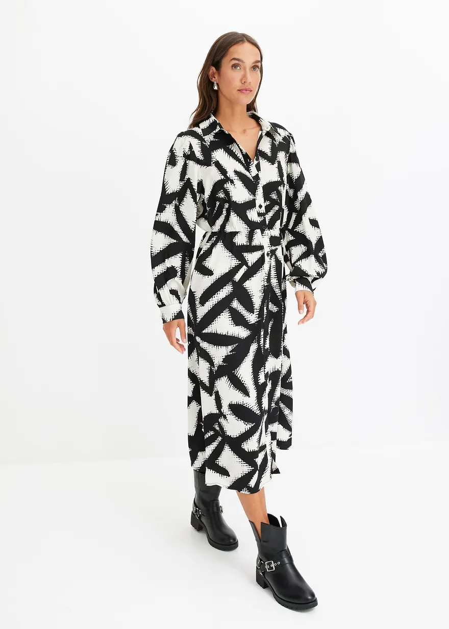 Bonprix Feminines Satin-Midikleid Mit Graphischem Print Und Knopfleiste Vorne