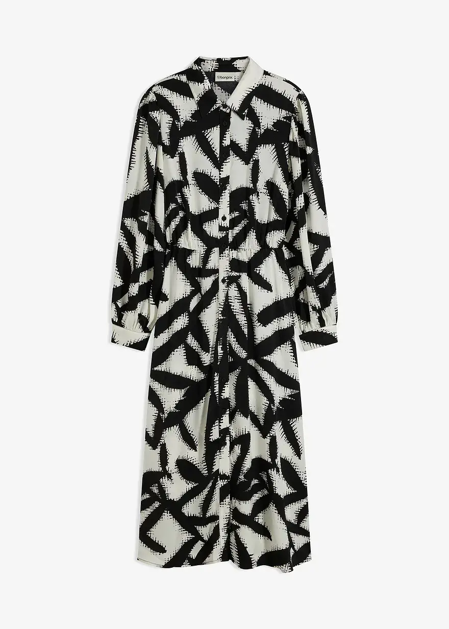 bonprix feminines Satin-Midikleid mit graphischem Print und Knopfleiste vorne